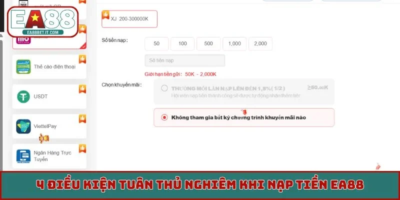 4 điều kiện tuân thủ nghiêm khi nạp tiền EA88