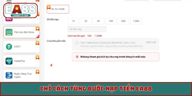 Chỉ cách từng bước nạp tiền EA88